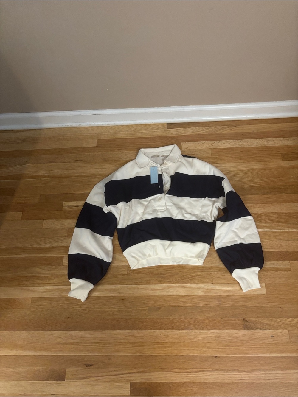 LOFT Cropped Rugby Stripe Polo in Navy and Ivory